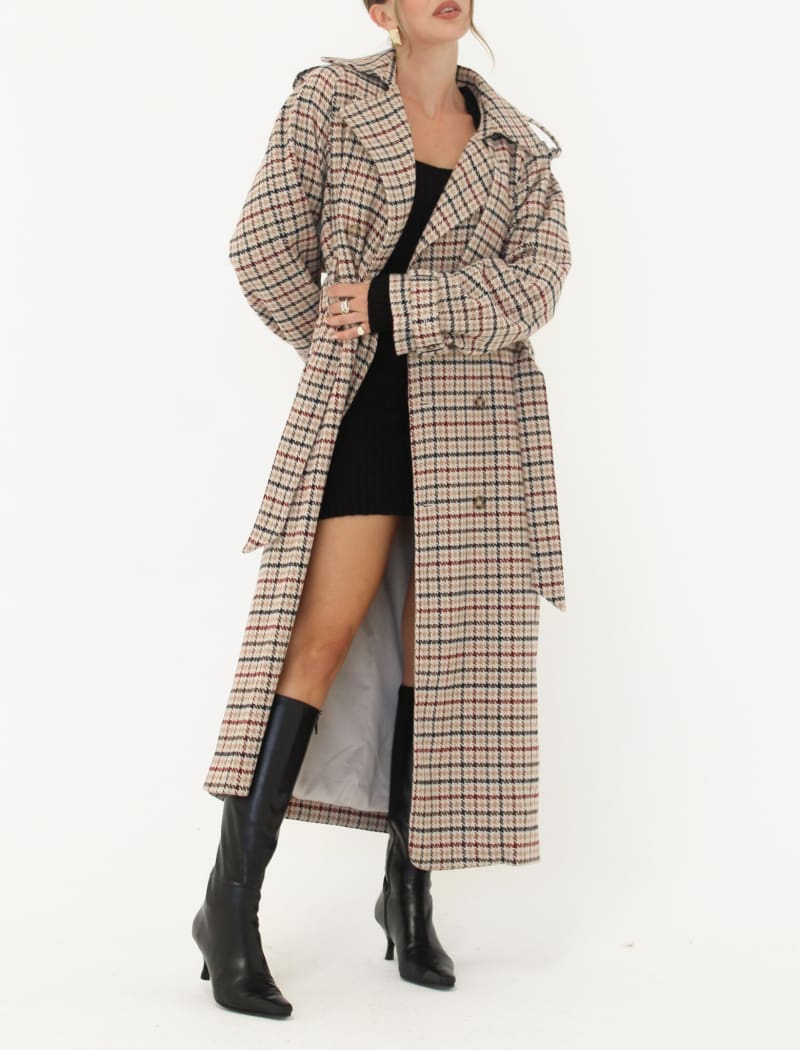 IN good GOD WE TRUST Wool Blend Plaid Trench Coat with Belt Notched Collar Double Bre