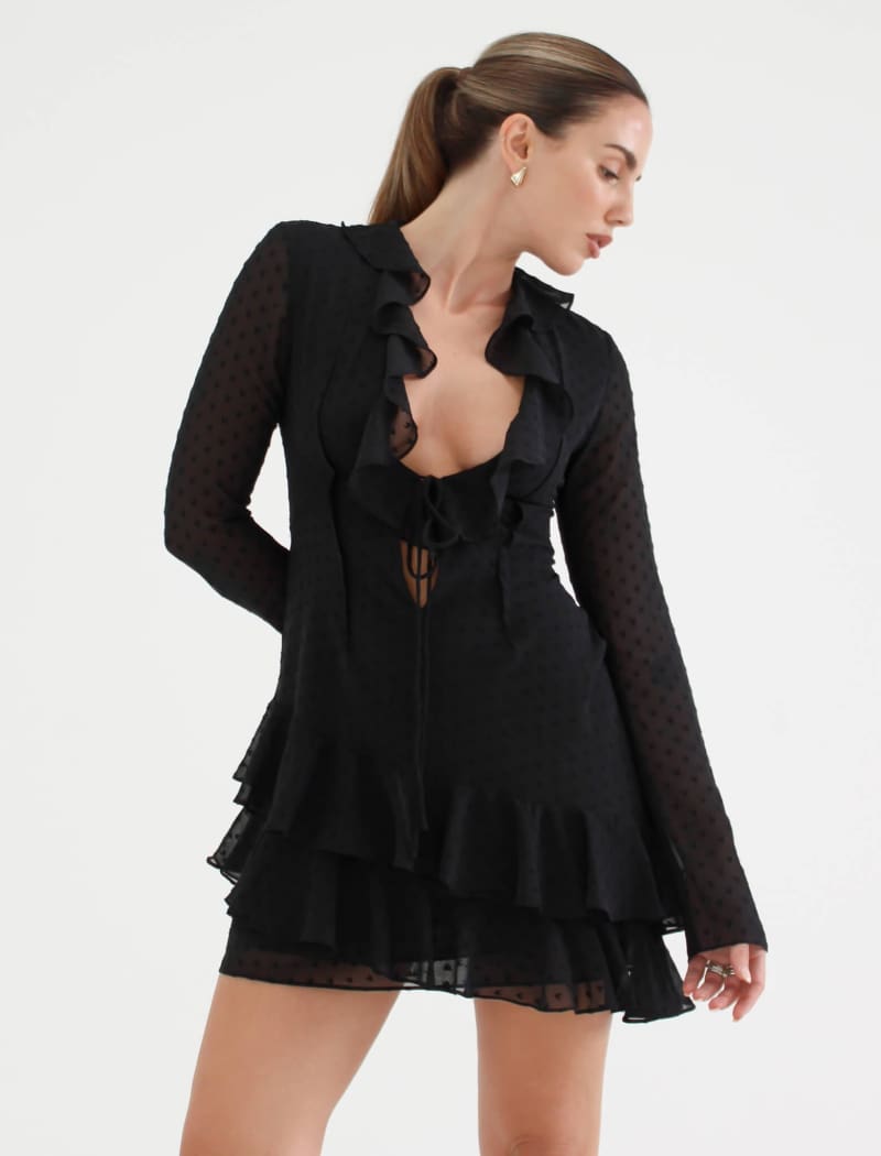 Waterfall Mini Dress | Black Clip Dot - Mini Dress